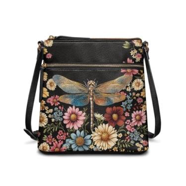 Imagem de SAJJWHHR Bolsa tiracolo para viagem feminina, bolsa Hobo de couro leve com alça ajustável, bolsa de ombro com zíper, Margarida preta e libélula, One Size, Casual