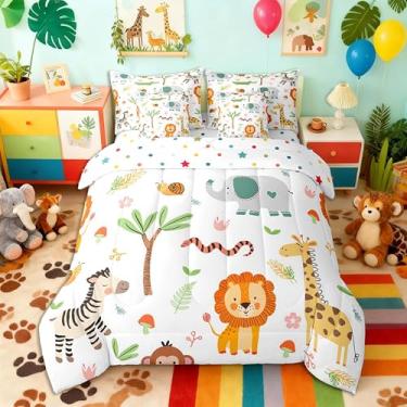 Imagem de Feelyou Jogo de cama solteiro com estampa de animais fofos, leão, girafa, elefante, zebra, macaco, zoológico, 7 peças, para decoração de quarto de microfibra macia