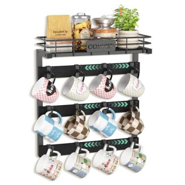 Imagem de EsLuker.ly Suporte de parede para caneca de café, organizador de cabide de copo de metal com 12 ganchos de plástico móveis, prateleira rústica de madeira para café, cozinha, preto + preto