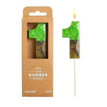Imagem de PHD CAKE Velas de aniversário número 1 pixel número 1 de cristal, velas verdes com número de mineiro, velas com número de bolo, celebração de festa, vela estilo