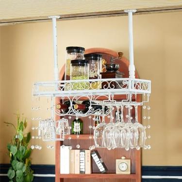 Imagem de 3FLQOOPP Suporte de copo de vinho de cabeça para baixo, estilo europeu, suporte de taça de vinho, prateleira de decoração de teto, suporte de taça de bar de cozinha com cristal (branco 60 x 25 cm)