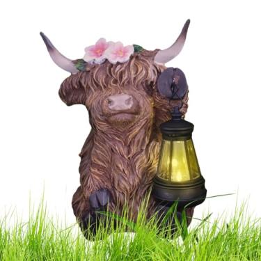 Imagem de Decoração de vaca Highland | Miniaturas de gado Highland Light | Estátua realista de resina movida a energia solar para mesa, quarto, mesa, pátio, apartamento, sala de estar, mesa, prateleira, quintal