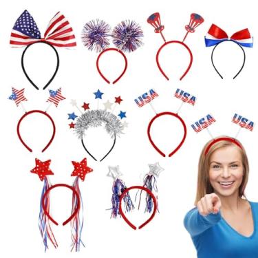 Imagem de Bandanas de cabelo patrióticas do Memorial Day, 9 argolas de cabelo patrióticas vermelhas, brancas e azuis | Chapéu com bandeira dos EUA, argola de cabelo estrela, adereços de foto para evento de