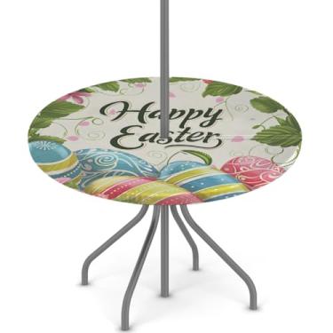 Imagem de hongjinglin Toalha de mesa de Páscoa para uso ao ar livre com orifício para guarda-chuva, toalha de mesa redonda elástica com zíper, impermeável, limpável, para piquenique, festa, pátio, serve para