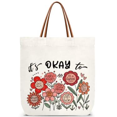 Imagem de ZEDEV Sacola It's Okay to be Different para meninas, sacola de lona com flores, reutilizável, bolsa de ombro para viagens, trabalho, compras, academia, bolsa de aniversário inspiradora, presentes para