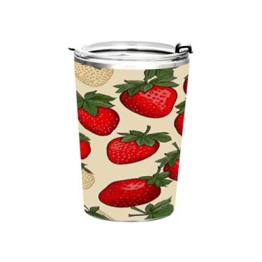 Imagem de Blueangle Copo de 340 g com tampa e canudo, copo de café com água isolada a vácuo de aço inoxidável, caneca de viagem com padrão de morango, copo térmico para bebidas quentes e frias (246)