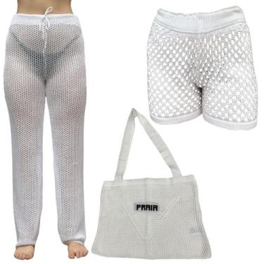 Imagem de Kit Saida de Praia Croche Bolsa Calça e Short Tricotr Moda Verão Tendê