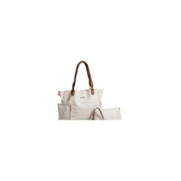 Imagem de Bolsa Feminina Kit 3 Peças, Couro Sintético, Branco com Alça Caramelo, Bolsa Grande com Alças Trançadas, Bolsa Média Transversal, Necessaire