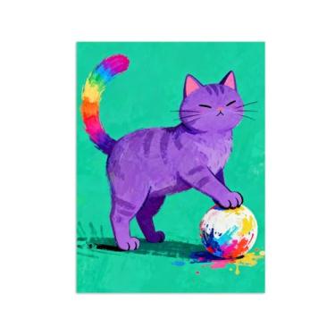 Imagem de Animais Pintura Arte Parede - Gato Roxo - Impressões em tela - Moderno Colorida Pôster para decoração sala de estar 60x80cm Sem Moldura