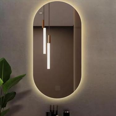 Imagem de Espelho Grande De Parede Oval Com Led Sem fio Orgânico Banheiro Sala Quarto Luz Quente E Fria (LED QUENTE,80x50 CM)
