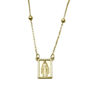 Imagem de Fronay Collection Colar de medalha retangular Miraculous Mary – Latão laminado a ouro 14K, design italiano de dupla face, resistente a manchas, 40,6 cm + corrente de rosário de 3,8 cm