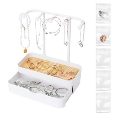 Imagem de WCHOSOZH Suporte organizador de joias, suporte de colares de 2 camadas com bandeja de madeira e 5 ganchos de armazenamento, suporte de brinco com 5 bolsas de joias para pulseira, correntes, anéis