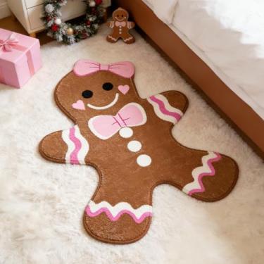 Imagem de FYSUIMU Tapete de Natal laço vermelho pão de gengibre em forma de homem tapete de banho 81,5 x 60 centímetros tapete de banheiro absorvente para decoração de férias, cozinha, sala de estar