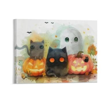 Imagem de HouLaiZhe Pôster de Halloween com estampa de arte de parede em tela de abóbora fantasma fofo decoração de parede gótica para sala de estar quarto 11 x 14 polegadas (28 x 35 cm)