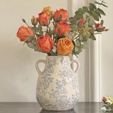 Imagem de Vaso de cerâmica vintage, vaso decorativo floral chinoiserie azul e branco, rústico, retrô, grande, com acabamento rachado, para casa de fazenda, com alça para flores, decoração de casa, sala de estar