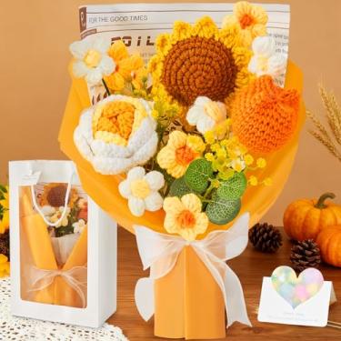 Imagem de Buquê de flores de crochê, decorações de Ação de Graças com tulipas de girassol, flores falsas para sempre, decorações de outono para casa, decoração de mesa, lembrancinhas de festa, presentes de Ação