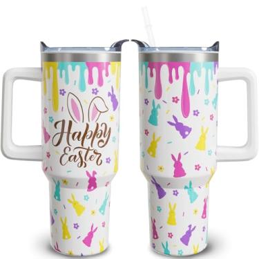 Imagem de owbgsdh Copos de 1,134 g Happy Easter com alça e palha, coelho 1,134 g aço inoxidável isolado a vácuo caneca de café garrafa de água, acessórios de Páscoa presentes para mulheres