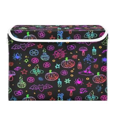 Imagem de WELLDAY Caixa de armazenamento de abóboras de Halloween com tampas, bancos maiores dobráveis de armazenamento de tecido com alças para sala de estar, sala de jogos, quarto, berçário 40 x 32 x 39 cm