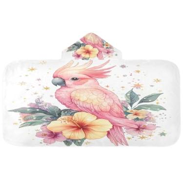 Imagem de Burbuja Toalha de banho com capuz de flores de cacatua rosa para crianças, toalha de praia de pelúcia macia absorvente para meninas e meninos 3-10 anos, 61 x 127 cm