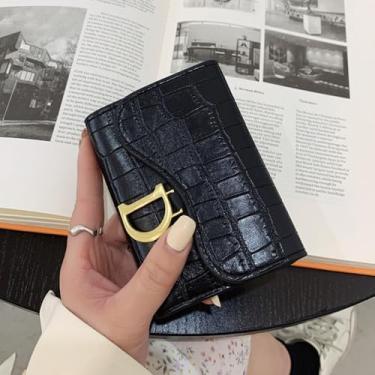 Imagem de Carteira feminina de couro sintético em relevo de crocodilo com fecho D dourado, Preto, Moda, festa, casual, negócios, dia a dia