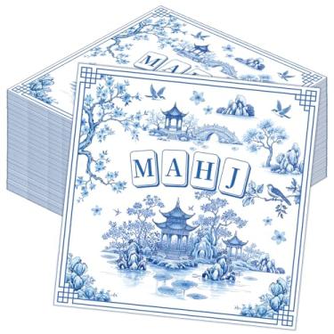 Imagem de Aposwow Guardanapos Mahjong Decorações de festa, 50 peças de guardanapos de papel descartáveis Mahjong, decoração de aniversário, decoração de guardanapo chinês azul para casamento, chá de panela