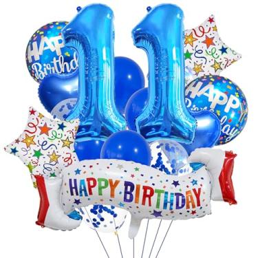 Imagem de Conjunto de decoração de aniversário de 11 anos, balão de coração azul de 11 anos, balão colorido de feliz aniversário de 11 anos para meninas, meninos, crianças, adultos, decoração de aniversário de