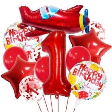 Imagem de Conjunto de decoração de primeiro aniversário vermelho de avião, um balão de coração vermelho, balão colorido de feliz aniversário de 1º aniversário para meninas, meninos, crianças, adultos, artigos