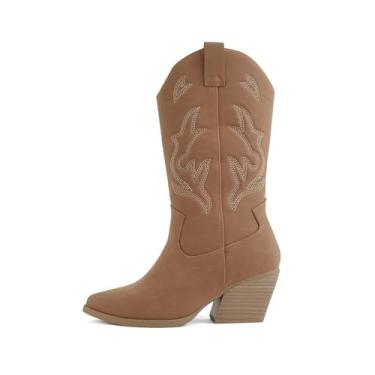 Imagem de Soda Orville ~ Botas femininas estilo caubói ocidental costurado bico fino salto cano médio cano médio, Conhaque claro, 40