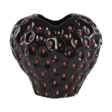 Imagem de Fenteer Vaso de cerâmica em formato de morango para flores secas, moderno e decorativo, perfeito para casa, mesa de centro ou como presente de boas-vindas, Black S