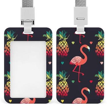 Imagem de Abacaxis vermelhos sem costura e flamingos vermelhos em suporte de crachá de identificação preto com cordão, suporte de cartão de plástico com clipe de pressão removível para estudante, professor