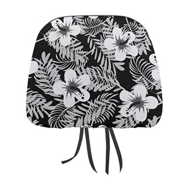 Imagem de Sem costura cinza branco tropical verão flores flores folhas em preto 2 peças capas de proteção universal para assento de carro, capa macia para encosto de cabeça de carro, acessórios de decoração