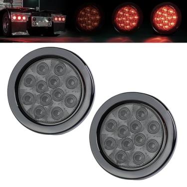 Imagem de Ledvillage 2 peças de luz traseira com lente fumê de 10 cm vermelho LED redondo com 3 modos (baixo/alto/estroboscópico) – 12 LED, 4 fios, ilhós e plugue de pinos, 12 V CC para trailer, caminhão