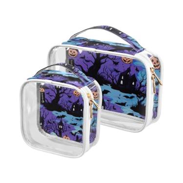 Imagem de GAIGEO Lindo conjunto de bolsas de maquiagem roxas para o Dia das Bruxas em Roxo, Sacos de Plástico Transparente para Cosméticos com Zíper, Bolsa de Higiene Pessoal de Viagem Feminina, Pacote com 2