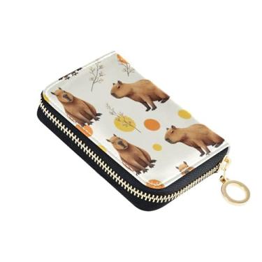 Imagem de Carteira feminina para cartão de crédito com bloqueio de RFID, carteira de couro com zíper e zíper fofo marrom capivaras animal