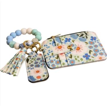 Imagem de FAIREDEAR Carteira feminina Boho com contas – Chaveiro de borla com contas, porta-cartão de crédito com estampa floral, carteira feminina estilosa (azul claro, com bolsa de batom)