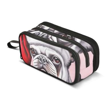 Imagem de TSENQUE Bolsa de lápis de Natal para buldogue francês Papai Noel, estojo com zíper, grande, para sala de aula, bolsas de lápis de grande capacidade, armazenamento, faculdade, ensino médio, material de