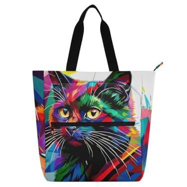 Imagem de Bolsa de trabalho feminina preta colorida arco-íris brilhante de lona universitária bolsa de mão reutilizável para amantes de livros presentes