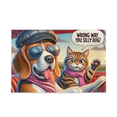 Imagem de Quebra-cabeças de cachorro dirigindo com gatos para adultos, famílias, tamanho final 75 x 50 cm