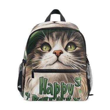 Imagem de GAIGEO St Patrick Cute Cat Children's Backpack with Whistle, 2 Bottle Pockets, Lightweight, Girls Backpack Elementary School 10x4x12 In, for Ages 3-8