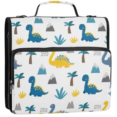 Imagem de Fichário fofo de dinossauros azuis com 3 anéis de 3 cm D para fichário organizador com zíper com alça para carteira básica escolar e suporte de pasta de anéis, 34,5 x 31,5 x 8,9 cm