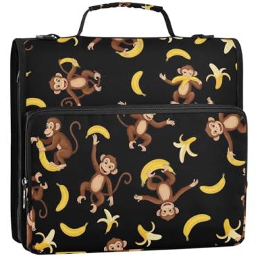 Imagem de Organizador de fichário com zíper, macacos, bananas amarelas, preto, 3 anéis, bolsa de fichário para escola de negócios, resistente, com alça de ombro, pasta de armazenamento com alça, 34,5 x 31,5 x 9