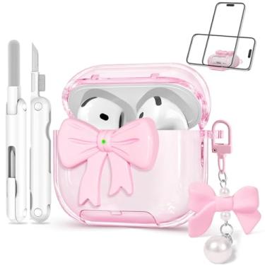 Imagem de Joremx Linda capa para Airpods 4, design feminino com estampa de laço 3D com chaveiro de borboleta fofa, capa para Apple AirPods 4ª geração 2024 com protetor de TPU macio com kit de limpeza para