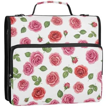 Imagem de Fichário vintage rosas verdes folhas brancas 3 anéis de 3,5 polegadas D anel organizador de fichário organizador de fichário com alça para armazenamento de trabalho escolar pasta portfólio com alça