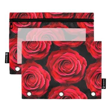 Imagem de GAIGEO Red Roses — Estojo de lápis floral preto com 3 anéis para fichário com zíper, estojo para canetas, pastas transparentes, trabalho escolar, 25 x 18 cm, 2 pacotes