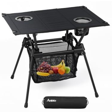 Imagem de Anbte Mesa de acampamento leve de 60 cm com suporte para 2 copos, mesa dobrável portátil de alumínio com rede de armazenamento de malha, mesa de tecido, ideal para acampamento, caminhadas, passeios