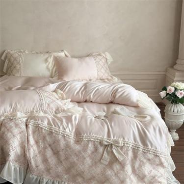 Imagem de Conjunto de cama estilo princesa com babados e laços, macio, sedoso e com toque fresco, incluindo capa de edredom, lençol de baixo e lençol de baixo com elástico, cor 1, 1,8 MBed