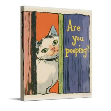 Imagem de CYFDYVT Impressão em tela de sinal de banheiro de gato engraçado, arte de parede em tela de ilustração vintage, decoração de banheiro e decoração de quarto infantil, decoração de casa com tema gato de