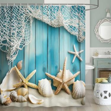 Imagem de JAWO Cortina de chuveiro estrela do mar, cortina de banheira de madeira vintage rústica, praia costeira de verão, decoração de banheiro costeira náutica com ganchos, 160 x 177 cm