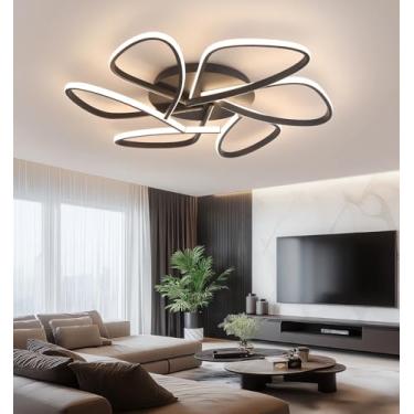 Imagem de Luminária de teto LED com controle remoto, moderna e dimerizável, com estrutura metálica embutida, ideal para salas de estar, quartos, salas de jantar e escritórios (preta, 75 cm).