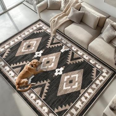 Imagem de Tijuboni Tapetes ocidentais antiderrapantes para sala de estar, tapetes do sudoeste para sala de jantar, cozinha, quarto, berçário, suporte de borracha lavável, 4 x 6 asteca preto-branco-marrom